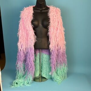 Pastel Pink/Purple/Aqua Shaggy Fringe “Feather” Cardigan